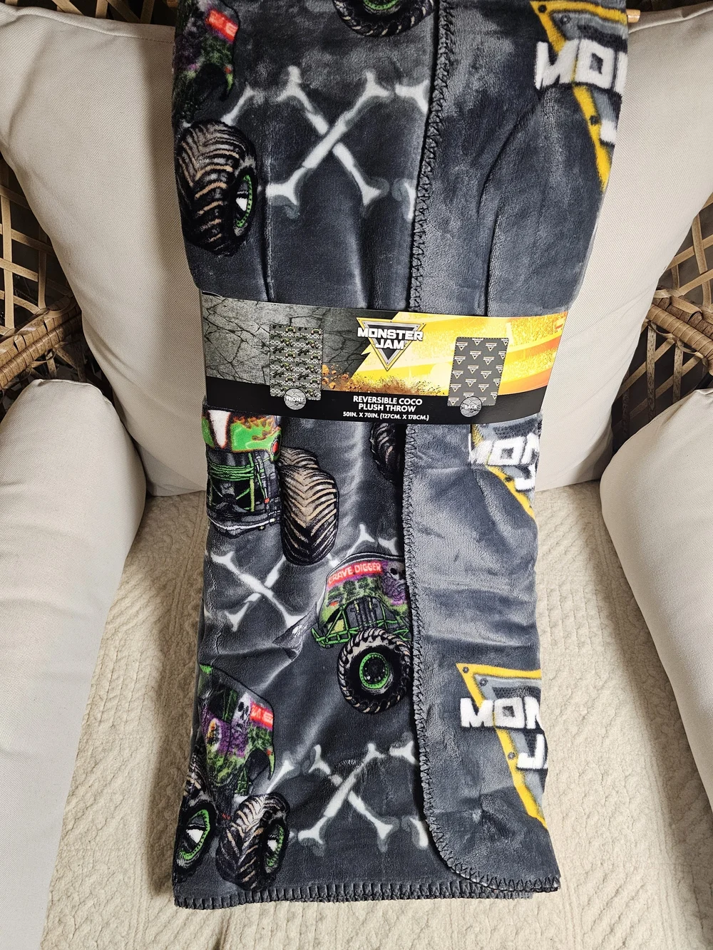 Monster Jam Reversible Plush Throw - Gray with Green & Yellow Accents Halloween